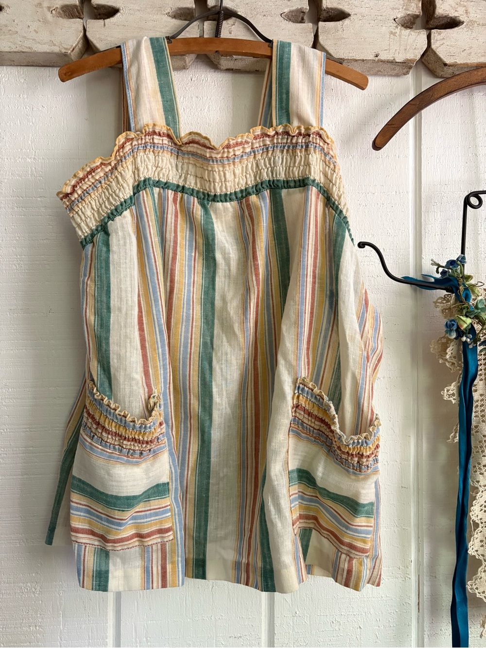 Vintage 70s Striped Smocked Pocket Tank Top - Multicolor Union Made XL - Picture 6 of 13